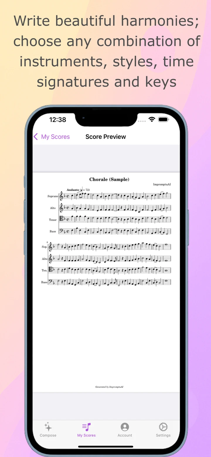 Generated chorale score in ImpromptuAI