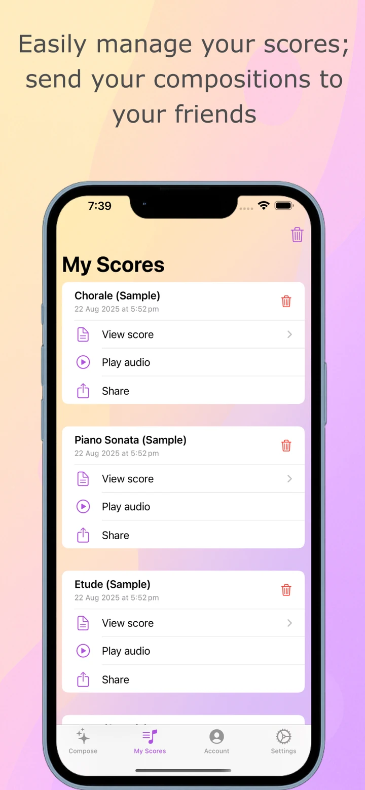 ImpromptuAI My Scores screen with options to view, play and share compositions
