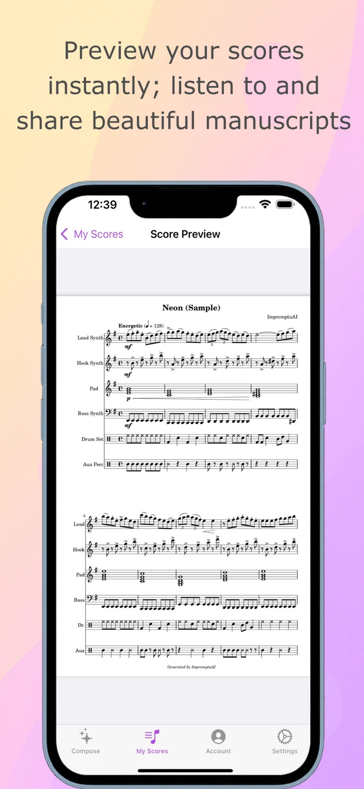 ImpromptuAI score preview showing a generated multi-instrument composition